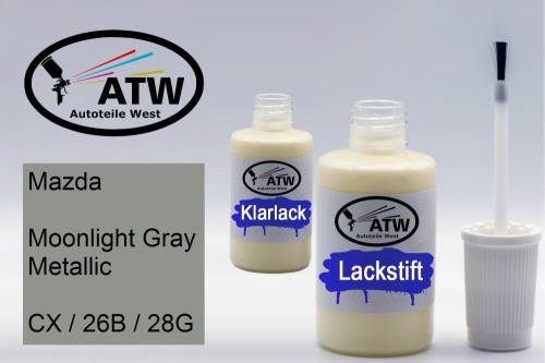 Mazda, Moonlight Gray Metallic, CX / 26B / 28G: 20ml Lackstift + 20ml Klarlack - Set, von ATW Autoteile West.